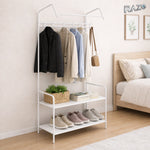 Raft pentru haine si pantofi 2 in 1 RAZO, Suport metalic pliabil, Bara pentru umerase, Polita pantofi, 166x60x32 cm, Alb