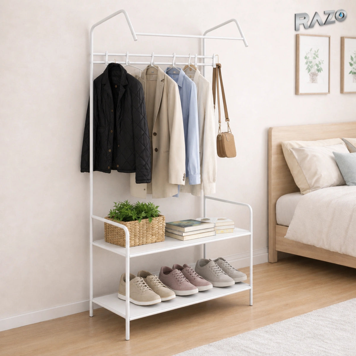 Raft pentru haine si pantofi 2 in 1 RAZO, Suport metalic pliabil, Bara pentru umerase, Polita pantofi, 166x60x32 cm, Alb