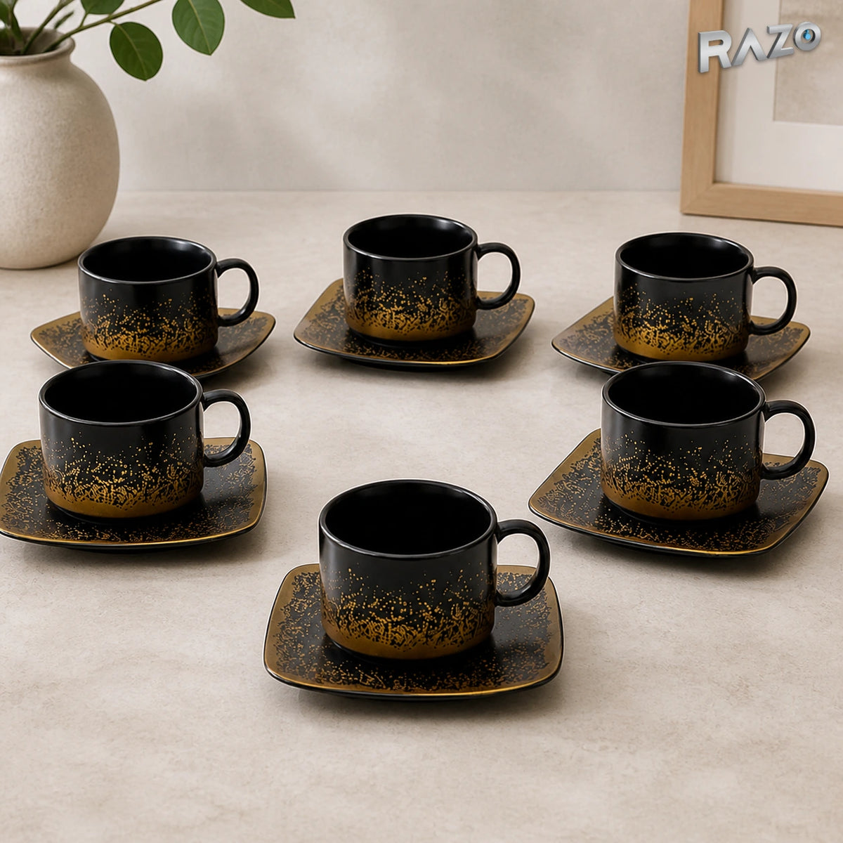 Set 6 cesti cu 6 farfurii din portelan RAZO, 180 ml, Design elegant, Set premium, Servire rafinat, Negru marmorat