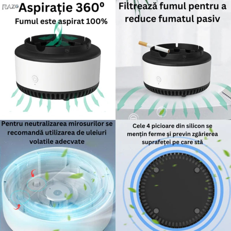 Scrumiera electrica RAZO, Aspiratie directa, Absorbtie automata a fumului, Neutralizare mirosuri, Design compact, Alb