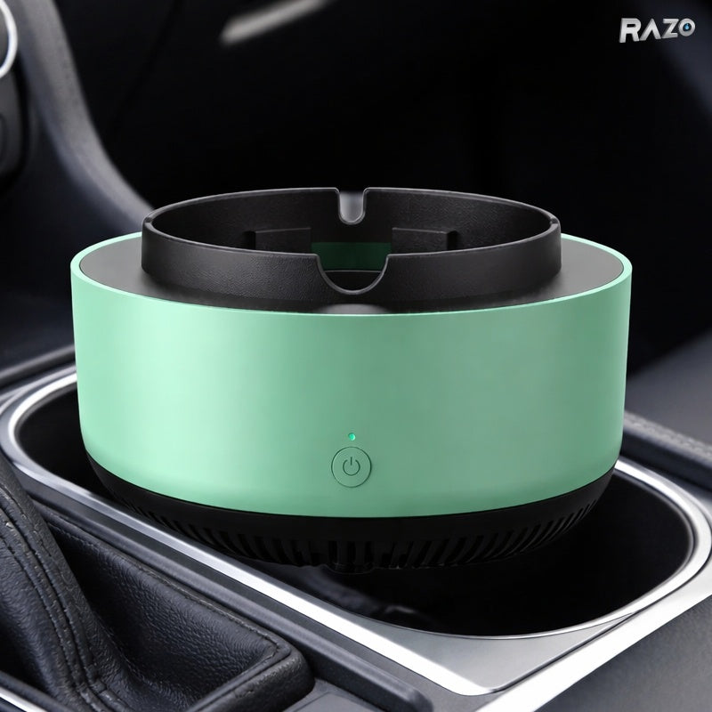 Scrumiera electrica RAZO, Aspiratie directa, Absorbtie automata a fumului, Neutralizare mirosuri, Design compact, Verde