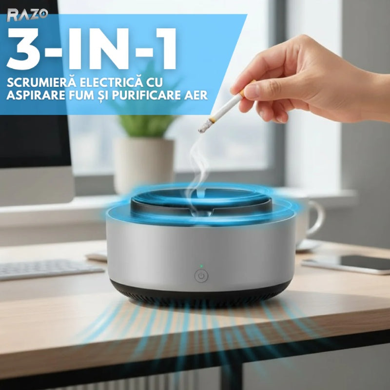 Scrumiera electrica RAZO, Aspiratie directa, Absorbtie automata a fumului, Neutralizare mirosuri, Design compact, Gri