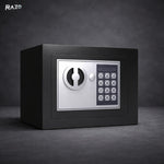 Seif RAZO cu protecție anti-furt, Inchidere cu cheie și sistem electronic, Blocare automata, Semnal sonor si luminos, Otel, Negru