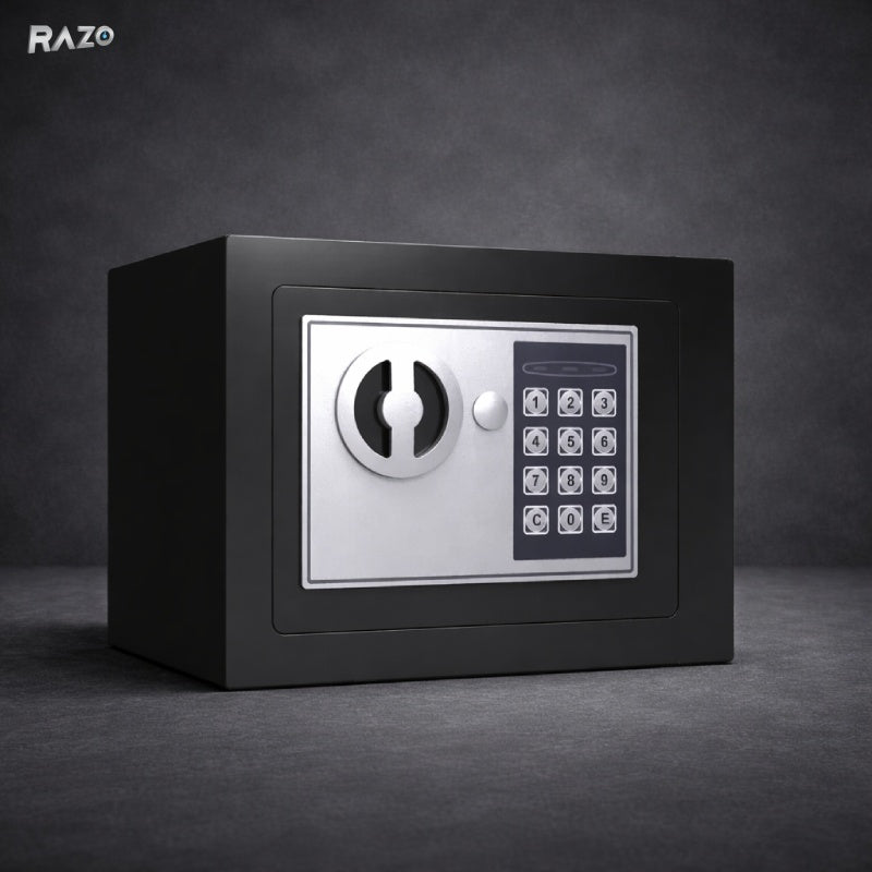 Seif RAZO cu protecție anti-furt, Inchidere cu cheie și sistem electronic, Blocare automata, Semnal sonor si luminos, Otel, Negru
