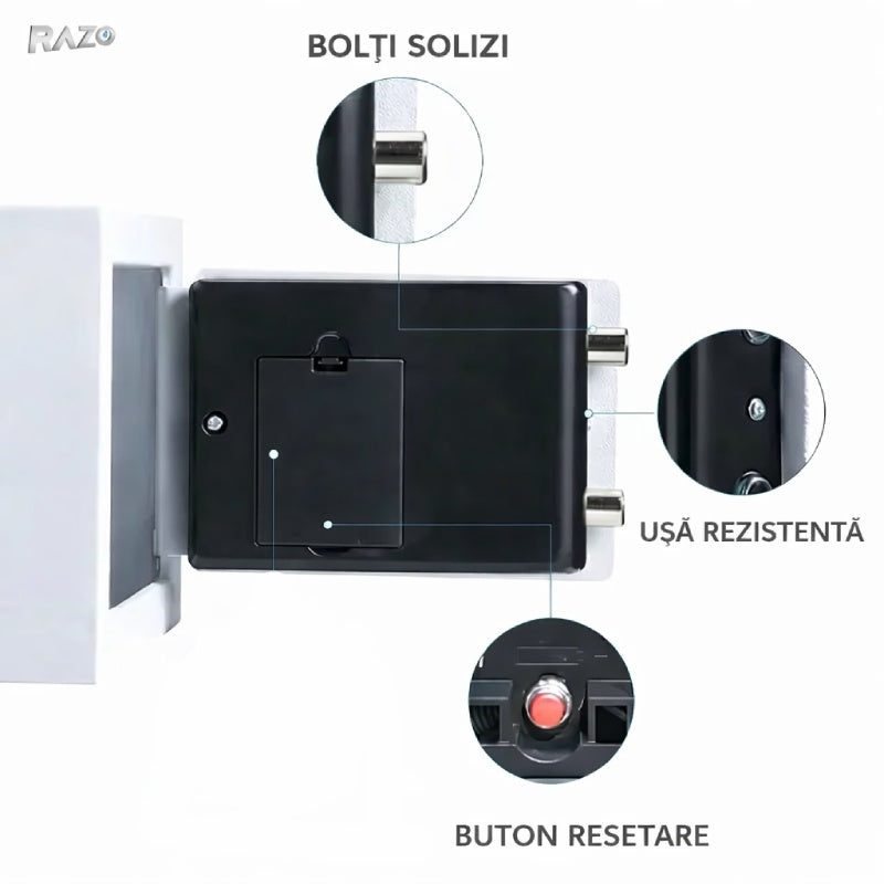 Seif RAZO cu protecție anti-furt, Inchidere cu cheie și sistem electronic, Blocare automata, Semnal sonor si luminos, Otel, Negru