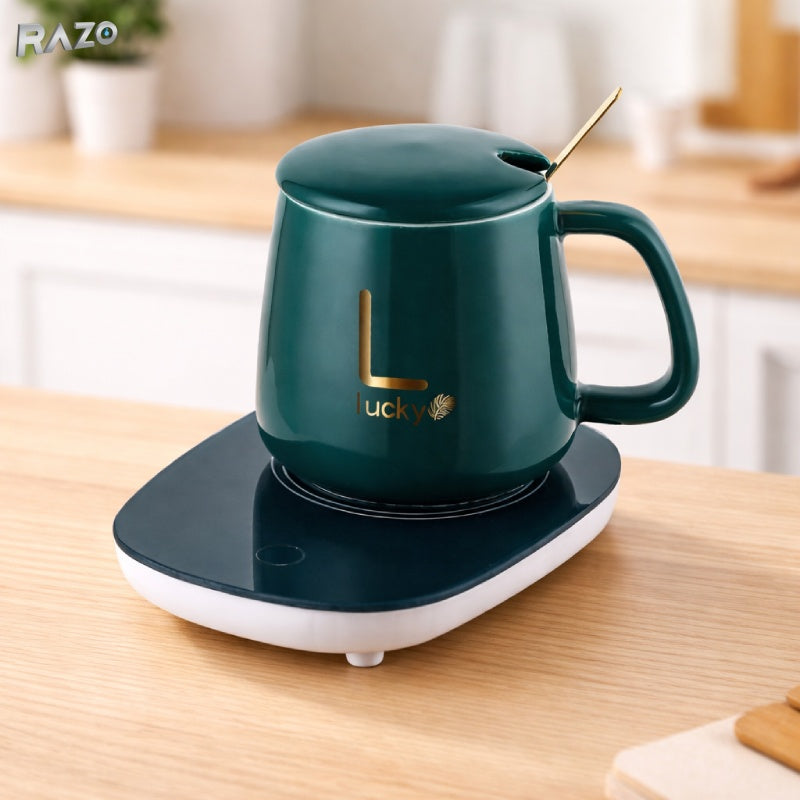 Set cana cu incalzire electrica RAZO, 250 ml, Suport mentinere temperatura, Capac si lingurita incluse, Cana ceramica pentru cafea, ceai, Verde