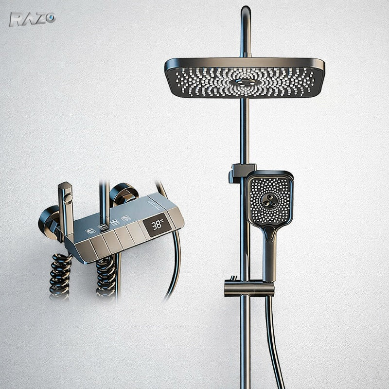 Set dus RAZO, Coloana, Baterie termostat, Para dreptunghiulara, Dus de mana, 4 functii apa, Afisaj LED temperatura, Injectare aer pentru economie, Rotire 360°, Gri-maroniu mat