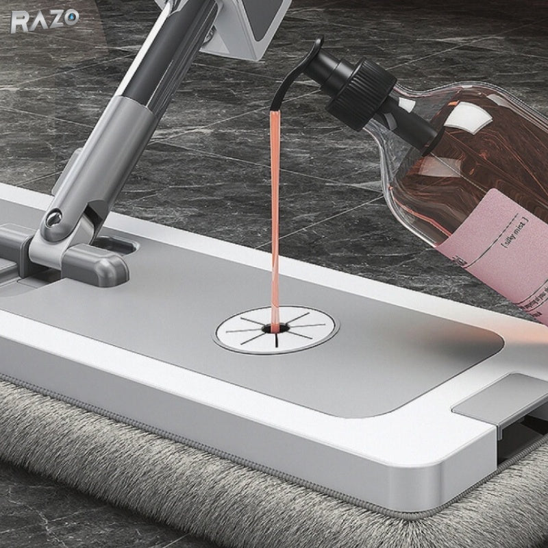 Set mop plat RAZO cu galeata pliabila, 8L, Roti, Sistem stoarcere eficient, 4 lavete microfibra reutilizabile incluse, Design compact