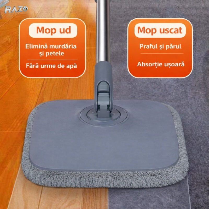 Set mop profesional RAZO 360°, Galeata dubla, Sistem centrifug inovator, Separare eficienta apa curata/murdara, 4 capete microfibra, Stoarcere automata fara efort, Design compact, Durabil