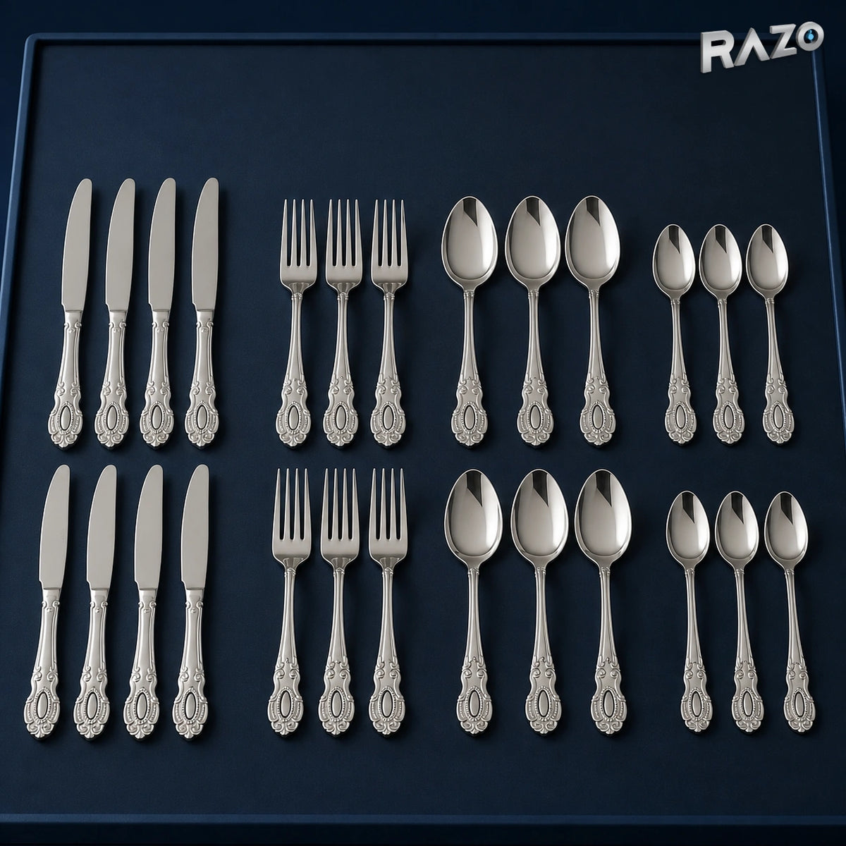 Set de tacâmuri din inox, 24 de piese, finisaj argintiu ornamentat - imagine produs 1