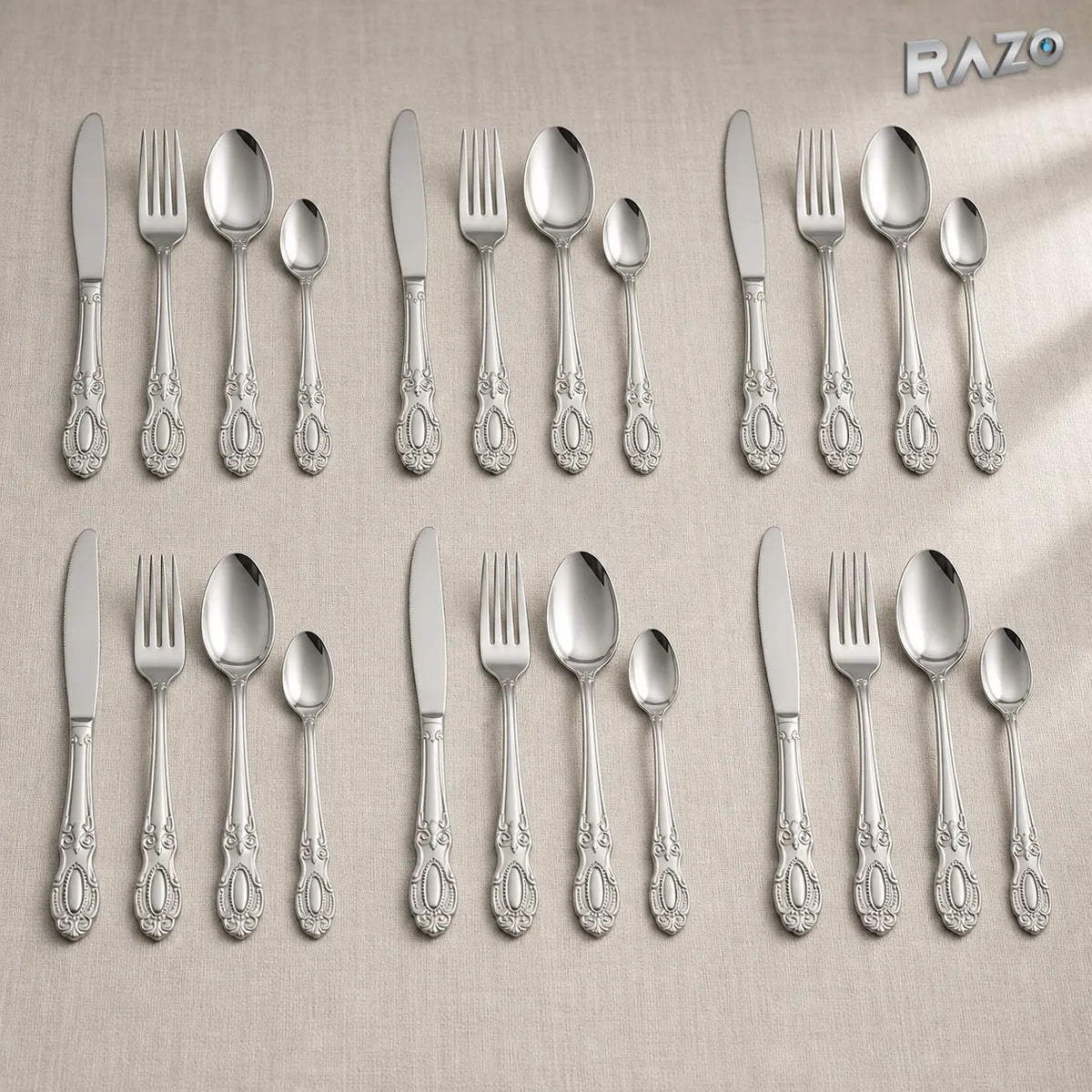 Set de tacâmuri din inox, 24 de piese, finisaj argintiu ornamentat - imagine produs 2