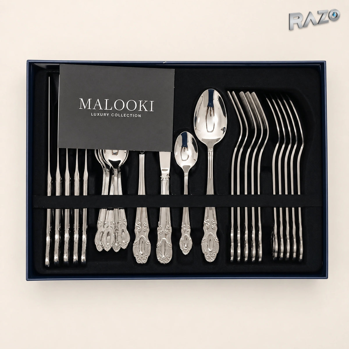 Set de tacâmuri din inox, 24 de piese, finisaj argintiu ornamentat - imagine produs 3
