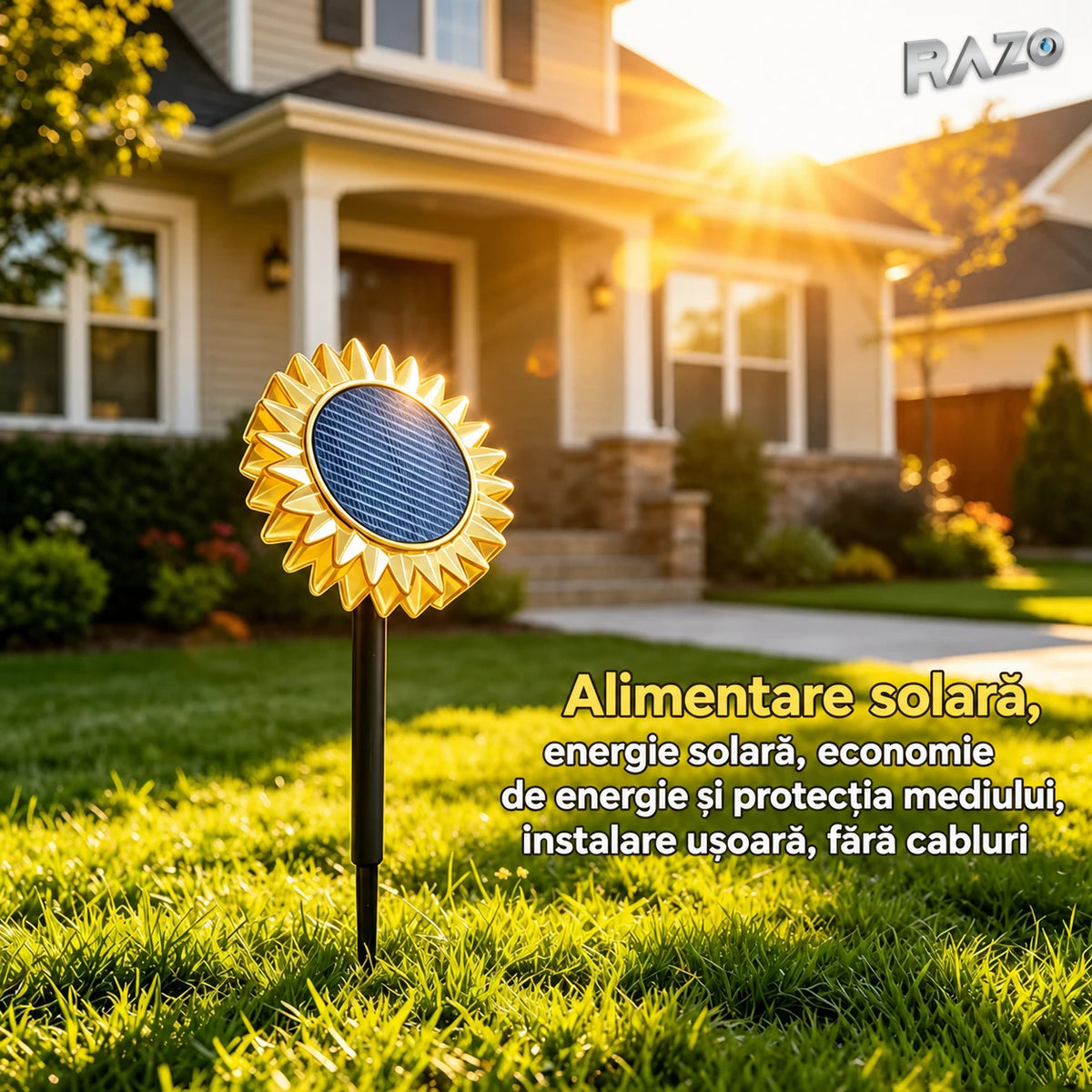 Lampă solară LED floarea-soarelui 2 în 1, IP65, pentru perete și sol, lumină galbenă