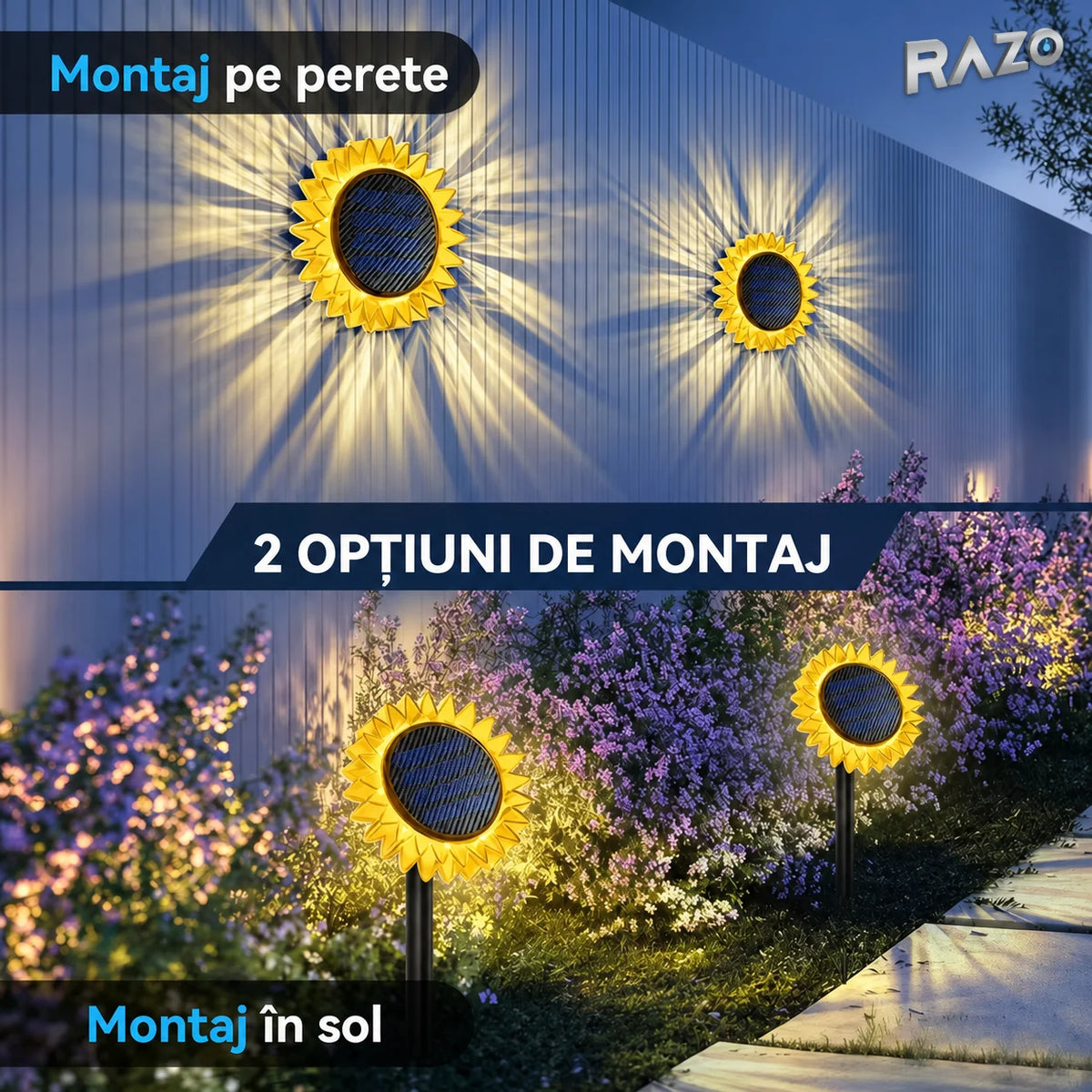 Lampă solară LED floarea-soarelui 2 în 1, IP65, pentru perete și sol, lumină galbenă