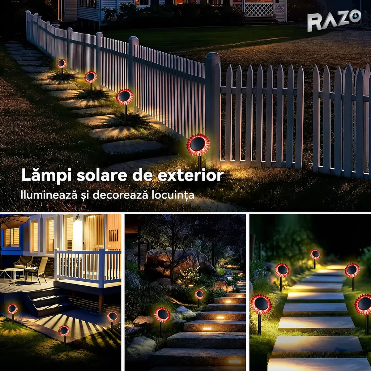 Lampă solară LED floarea-soarelui 2 în 1, IP65, pentru perete și sol, lumină galbenă