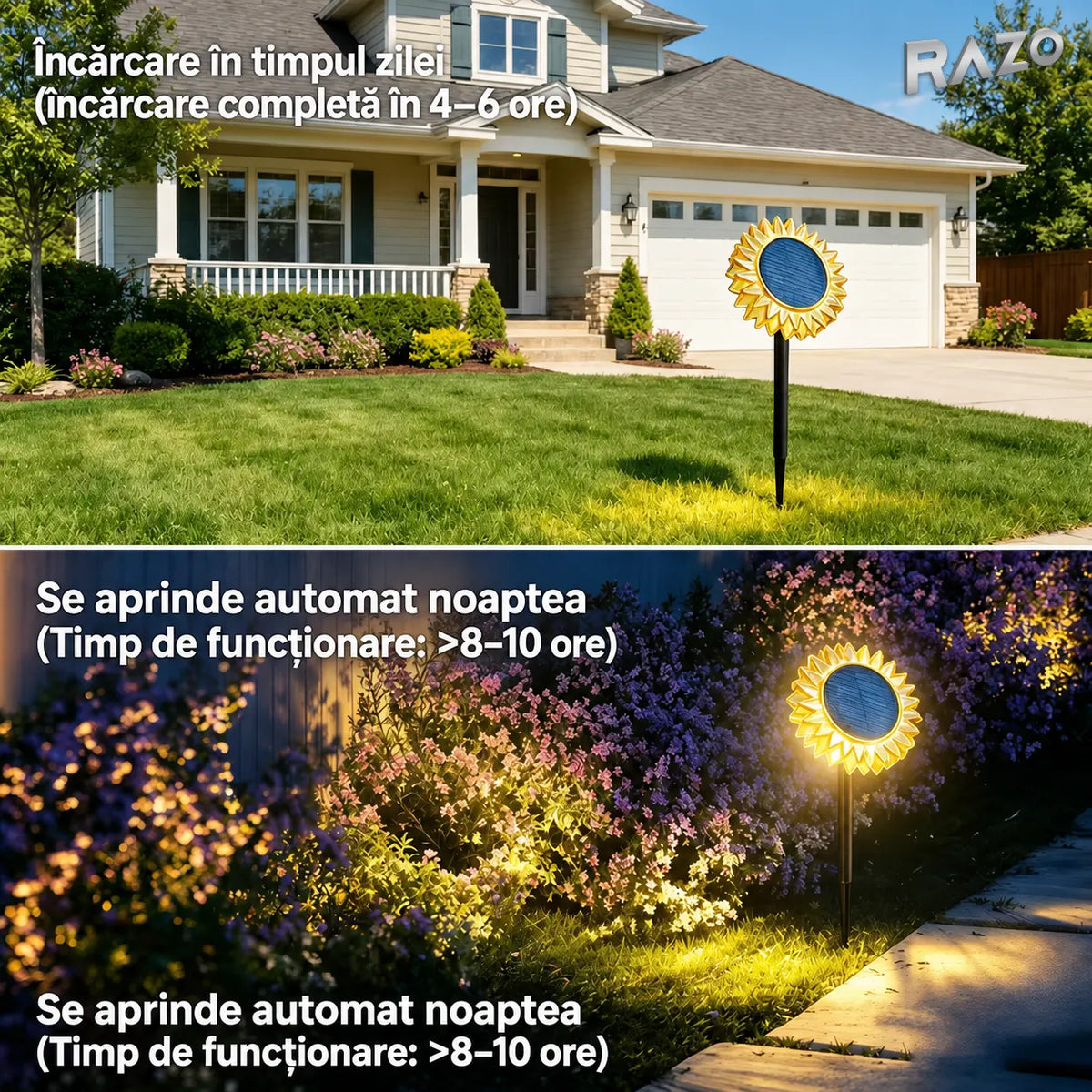 Lampă solară LED floarea-soarelui 2 în 1, IP65, pentru perete și sol, lumină galbenă