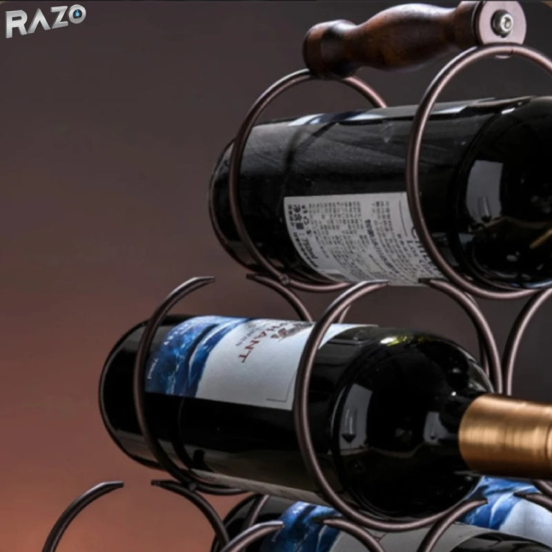Suport 6 sticle de vin RAZO, Design modern, Maner pentru transport, Raft depozitare vin, Lemn natural-otel, 30x16.5x33 cm