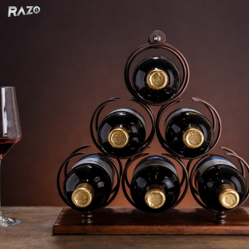 Suport 6 sticle de vin RAZO, Design modern, Maner pentru transport, Raft depozitare vin, Lemn natural-otel, 30x16.5x33 cm