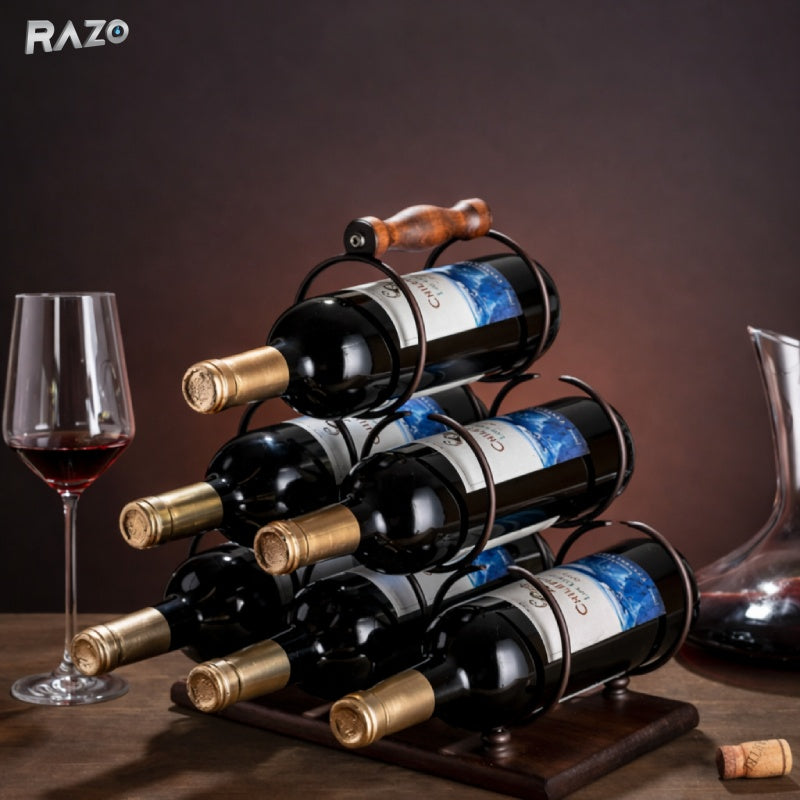 Suport 6 sticle de vin RAZO, Design modern, Maner pentru transport, Raft depozitare vin, Lemn natural-otel, 30x16.5x33 cm