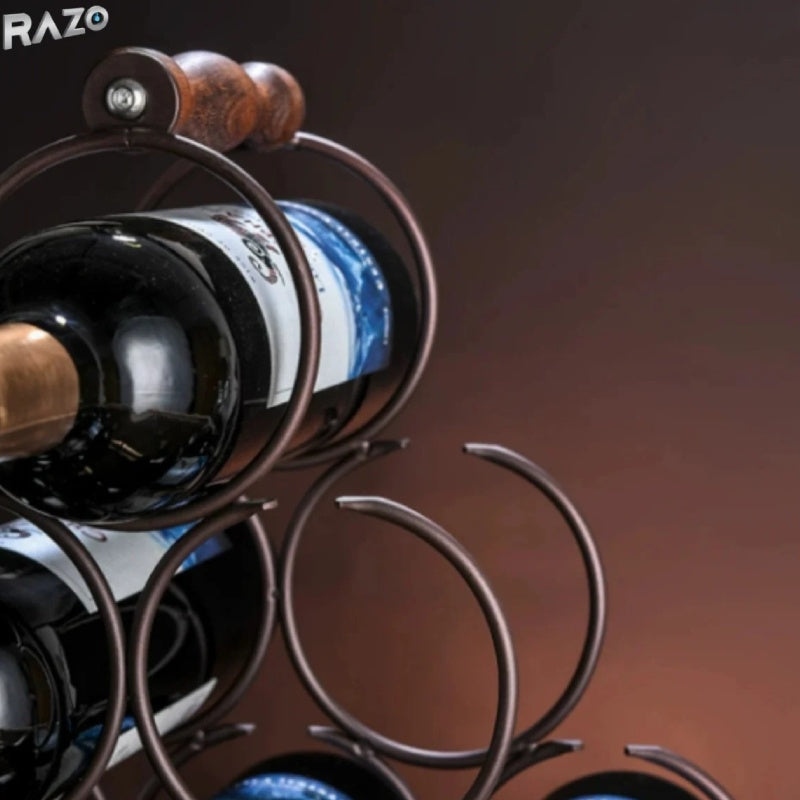 Suport 6 sticle de vin RAZO, Design modern, Maner pentru transport, Raft depozitare vin, Lemn natural-otel, 30x16.5x33 cm