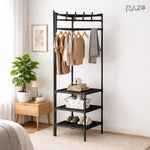 Suport de colt RAZO, Tip cuier pentru haine, Rafturi, 4 carlige duble, Organizator metalic forma L pentru hol, dormitor, 40x40x185/188 cm, Negru