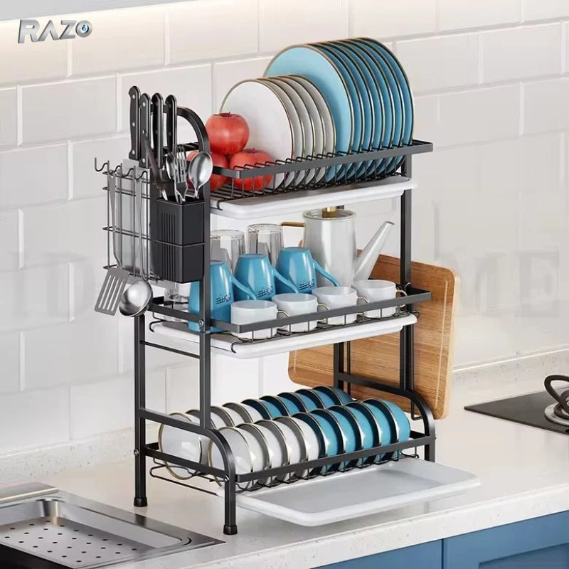 Suport de vase RAZO, 3 Niveluri, Otel inoxidabil, Suport tacamuri, tocator, Tava de scurgere, 40×25×60 cm, Negru Mat