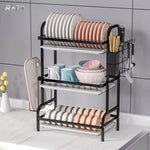 Suport de vase RAZO, 3 Niveluri, Otel inoxidabil, Suport tacamuri, tocator, Tava de scurgere, 40×25×60 cm, Negru Mat