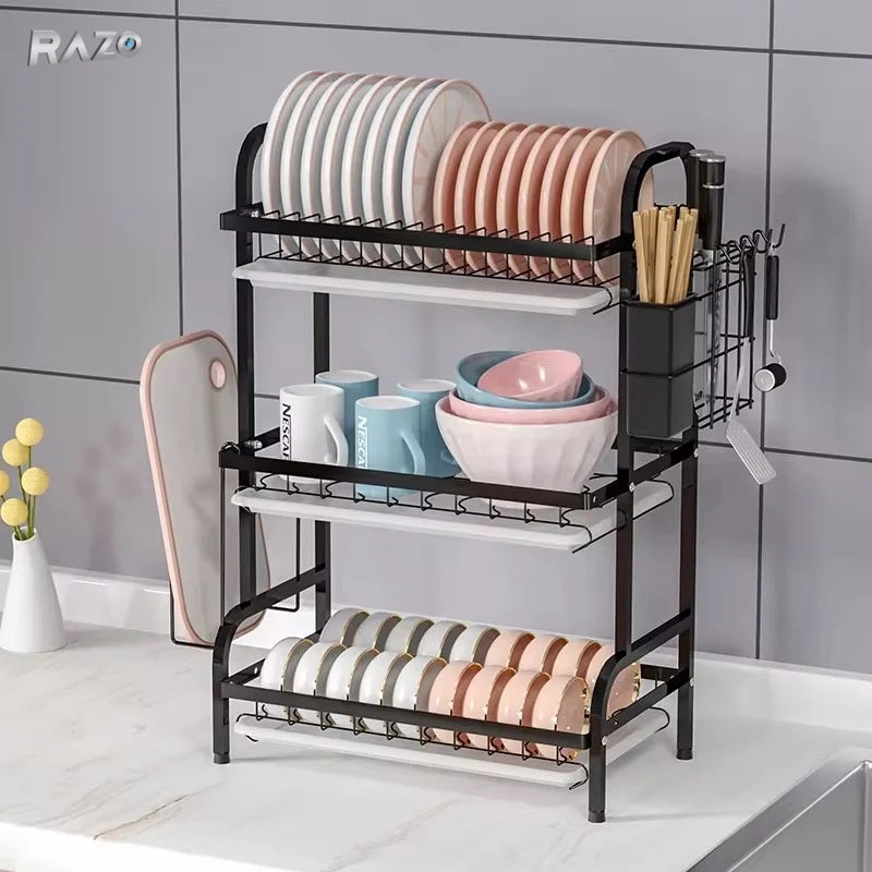 Suport de vase RAZO, 3 Niveluri, Otel inoxidabil, Suport tacamuri, tocator, Tava de scurgere, 40×25×60 cm, Negru Mat