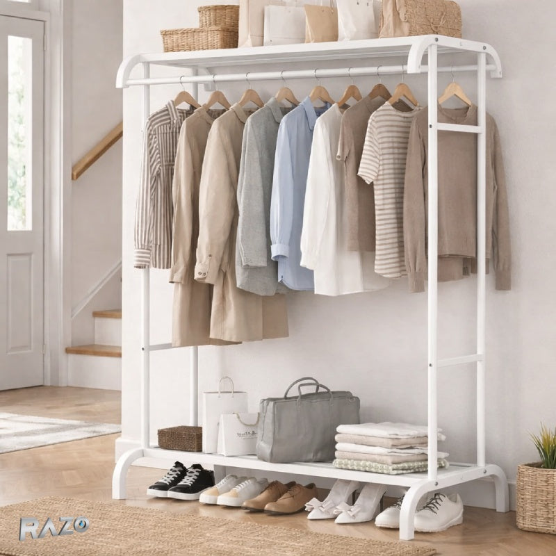 Suport dublu haine metalic RAZO, 2 rafturi, Bara dubla, Capacitate 50 kg, Design arcuit, Alb