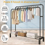 Suport metalic dublu pentru umerase RAZO, 2 bare pentru haine, 1 raft inferior, Capacitate 48 kg, Design modern pentru dormitor, dressing, 120x45x160 cm, Negru