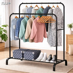 Suport metalic dublu pentru umerase RAZO, 2 bare pentru haine, 1 raft inferior, Capacitate 48 kg, Design modern pentru dormitor, dressing, 120x45x160 cm, Negru