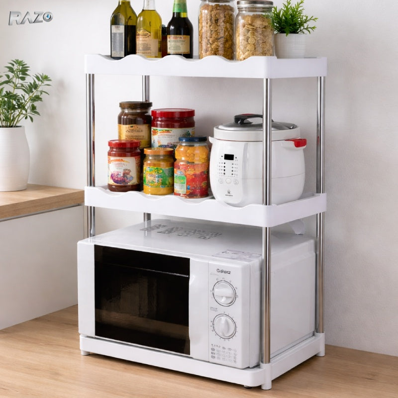 Suport organizator bucatarie RAZO cu 2 etajere pentru cuptorul cu microunde, raft suprapus din plastic si otel inoxidabil, montaj rapid, dimensiuni 71x50,5x24,5 cm, alb
