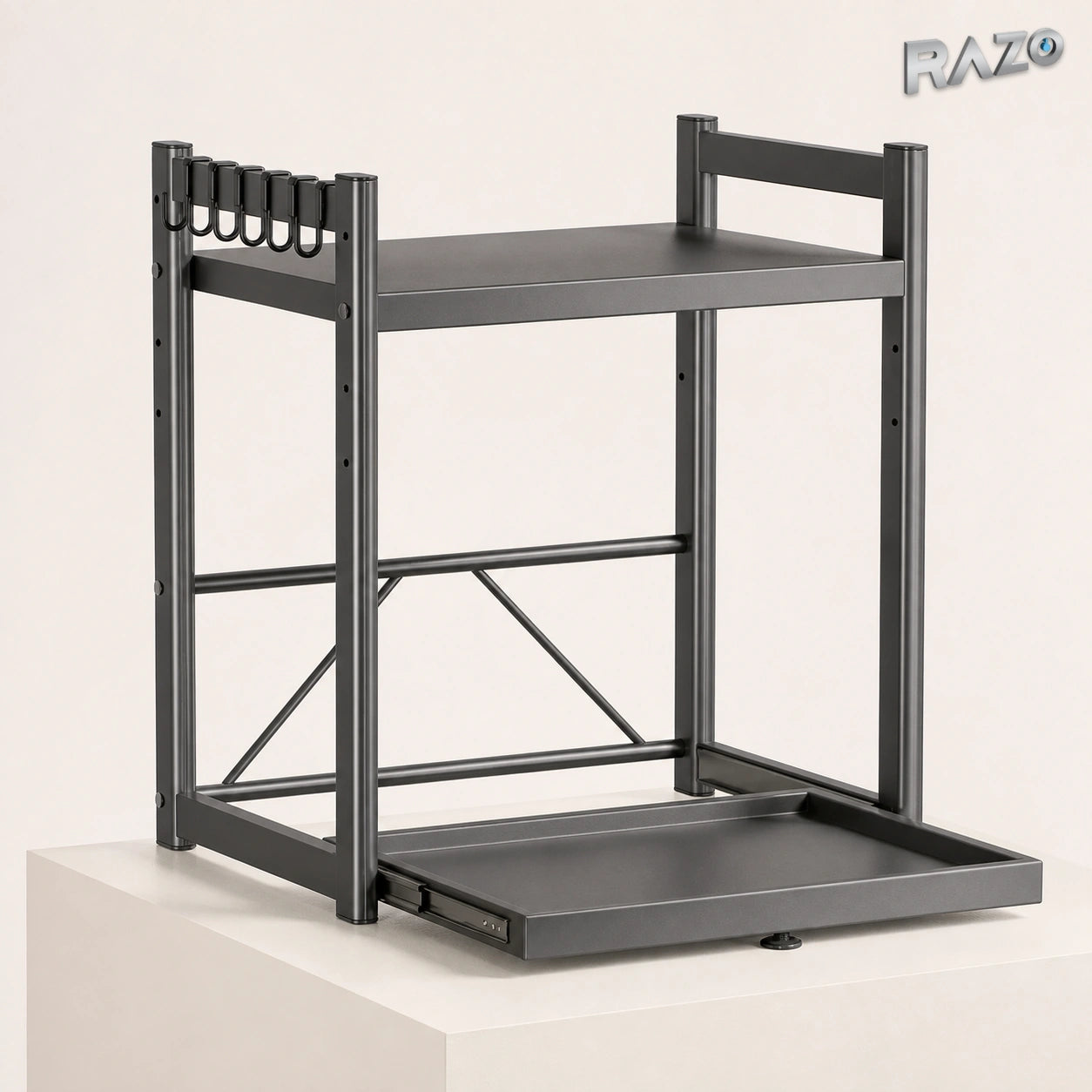 Suport metalic reglabil pentru cuptor cu microunde, cu tavă glisantă, 59 × 40,5 cm, gri