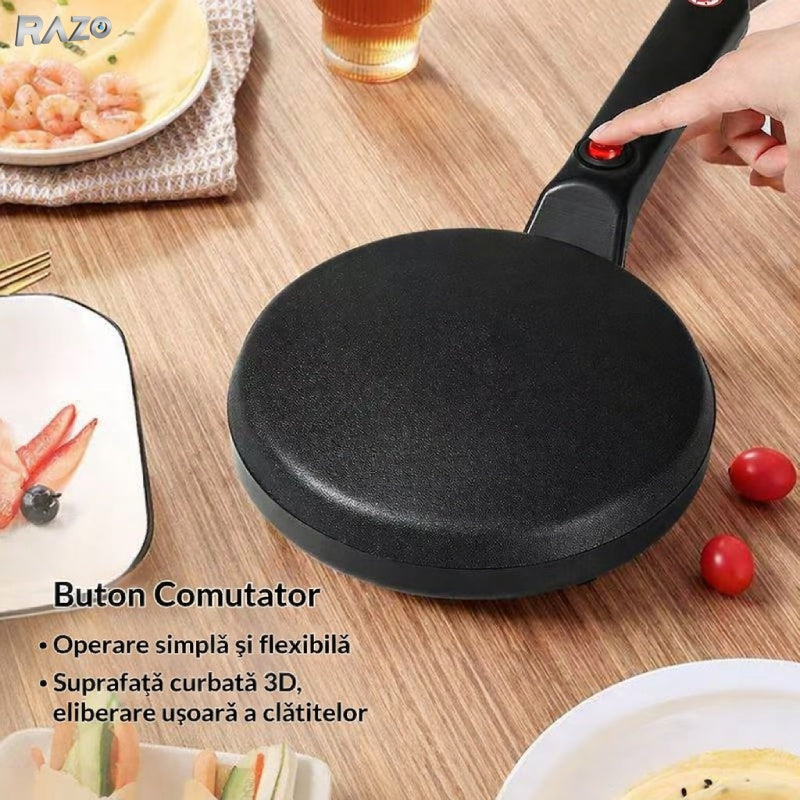 Tigaie electrica RAZO, Fara ulei, 800W, Placa aluminiu turnat, Strat antiaderent, Control automat temperatura, Diametru 20 cm, Aparat compact pentru mic dejun rapid, Negru