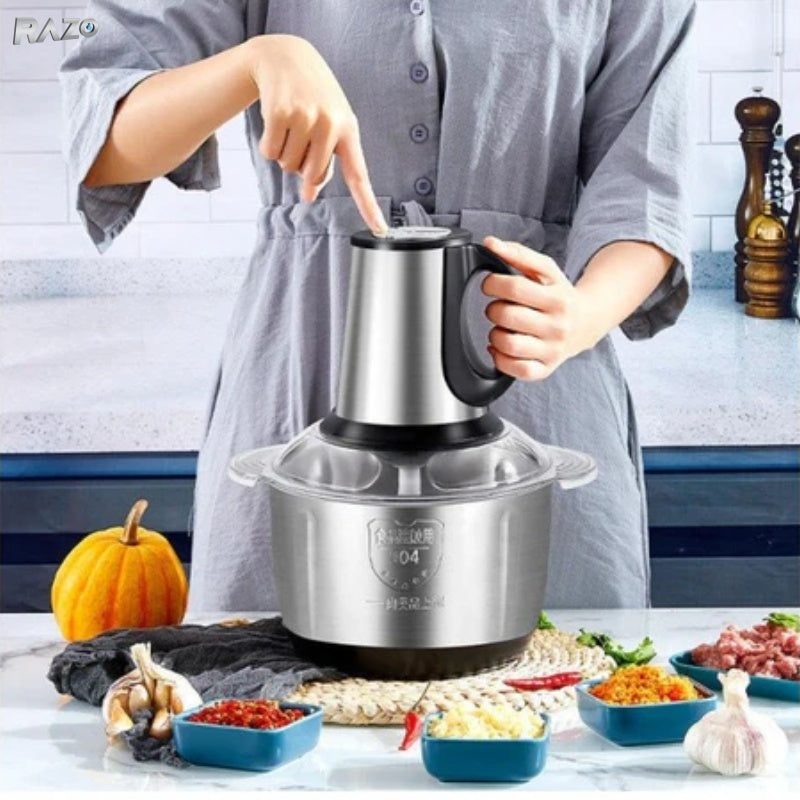 Tocator electric profesional RAZO, 1000W, Bol inox 3L, 4 lame inox, 2 niveluri, 3 viteze, Ideal pentru carne, legume, fructe, ceapa, nuci