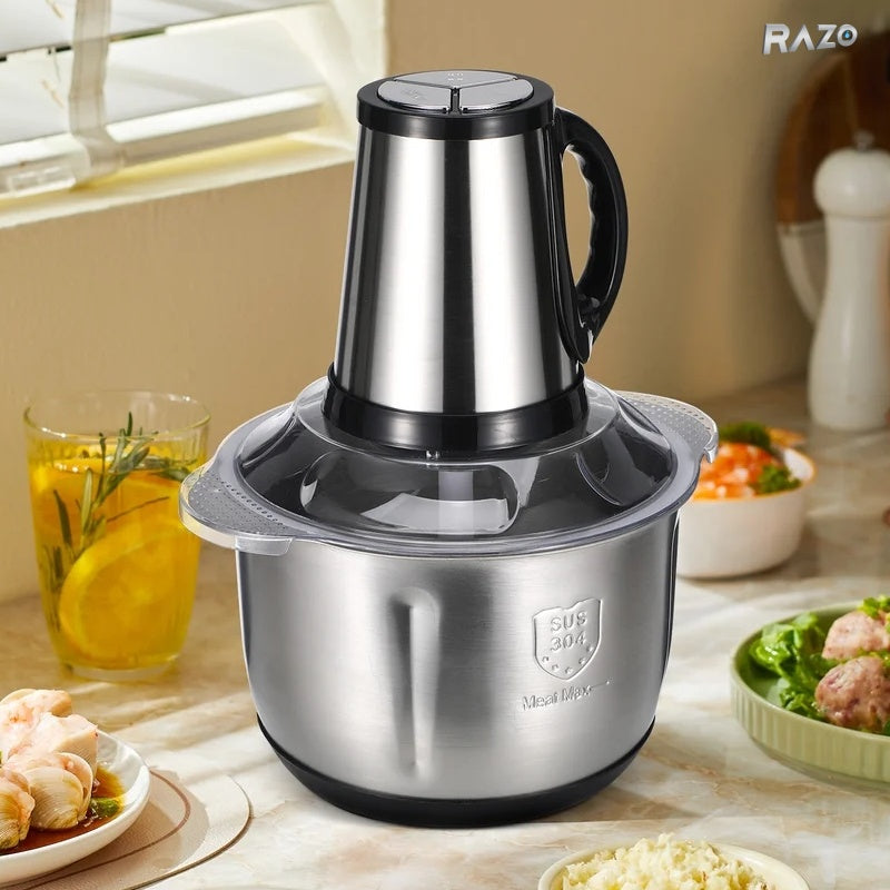 Tocator electric profesional RAZO, 1000W, Bol inox 3L, 4 lame inox, 2 niveluri, 3 viteze, Ideal pentru carne, legume, fructe, ceapa, nuci