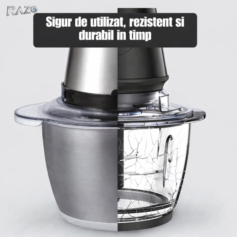 Tocator electric profesional RAZO, 1000W, Bol inox 3L, 4 lame inox, 2 niveluri, 3 viteze, Ideal pentru carne, legume, fructe, ceapa, nuci