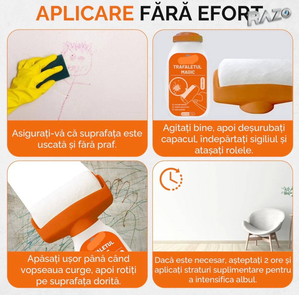 Trafaletul Magic 2-în-1  RAZO, cu vopsea lavabilă albă, 500 g și rolă detașabilă
