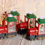 Tren locomotiva decorativa de Craciun RAZO, Gglob animat, efect ninsoare, lumini LED si muzica festiva, rosu-negru, alimentare USB sau baterii, 19x9.5x19 cm