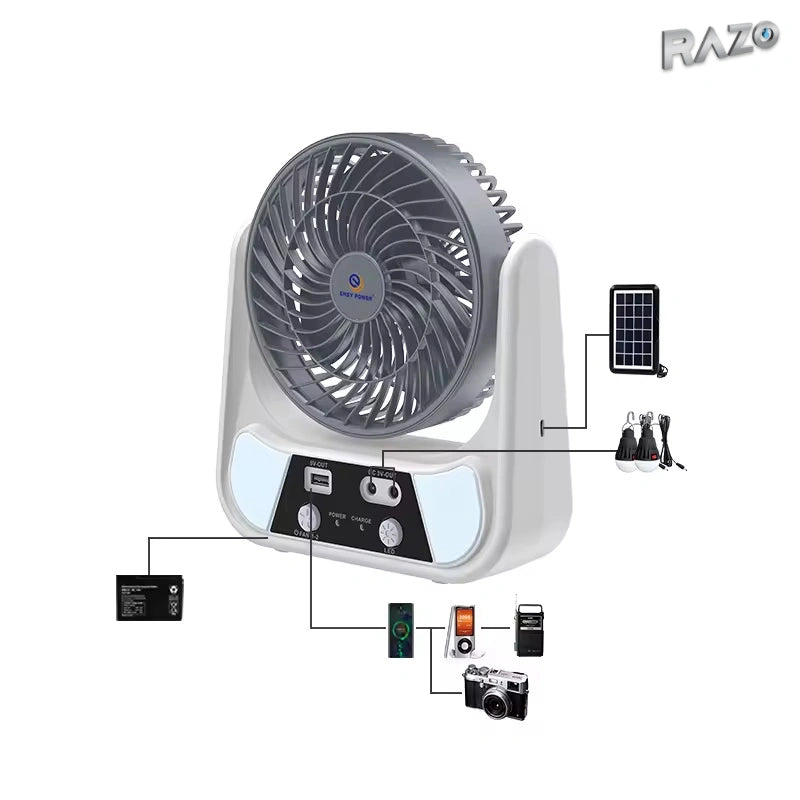 Ventilator solar reîncărcabil de 6 inch cu iluminare LED și ieșire USB - imagine produs 2