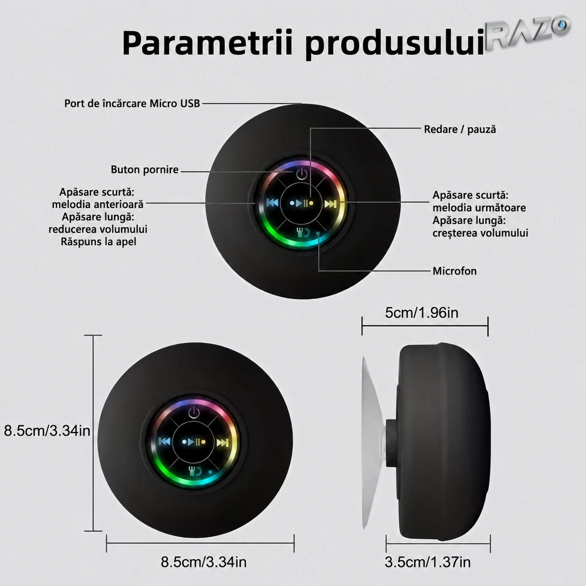 Boxă wireless portabilă BTS07 cu ventuză și LED RGB - imagine produs 3
